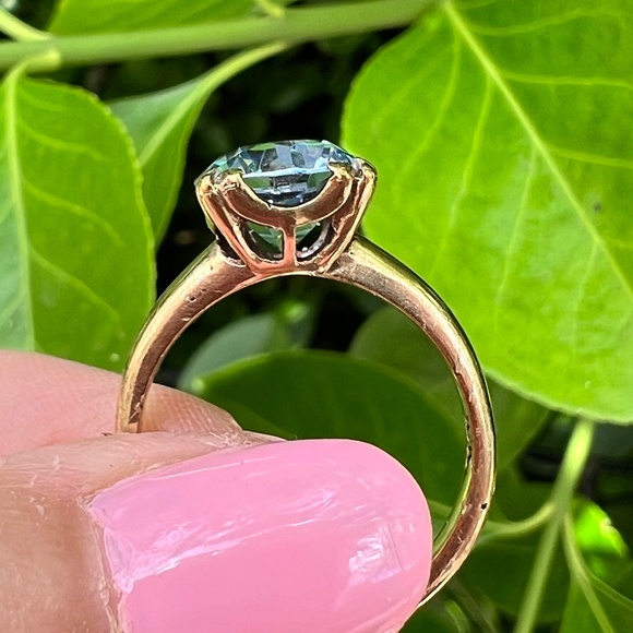 VINTAGE 10K YELLOW GOLD ROUND SYNTHETIC BLUE SPINEL RING “HANDWROUGHT” HALLMARK - Picture 3 of 16